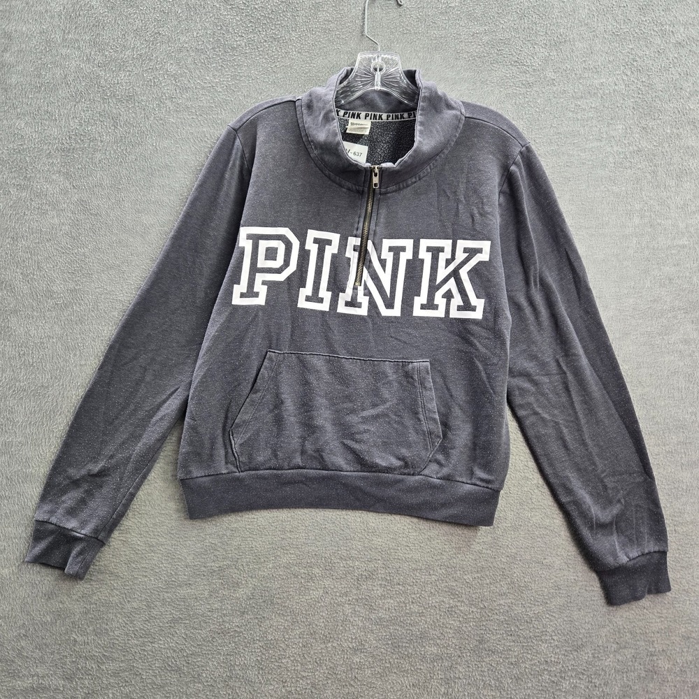 Pink Victorias Secret‎ Women Sweatshirt Large Gray Campus Varsity Logo 1/4 Zip